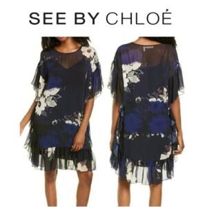 See by Chloe Women Floral-Print Chiffon Ruffle Short Dress sz 36